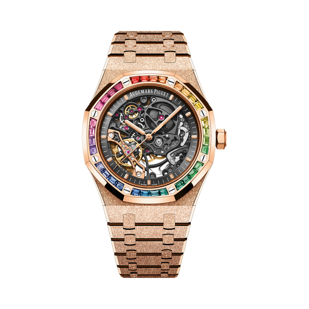 Audemars Piguet Royal Oak Frosted Gold Double Balance Wheel Openworked 41 mm Slate Grey Dial with Diamonds 18-Carat Pink Gold Bracelet 15412OR.YG.1224OR.01-B - WATCHXNYC