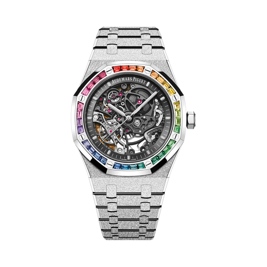 Audemars Piguet Royal Oak Frosted Gold Double Balance Wheel Openworked 41 mm Slate Grey Dial with Diamonds 18-Carat White Gold Bracelet 15412BC.YG.1224BC.03-B - WATCHXNYC