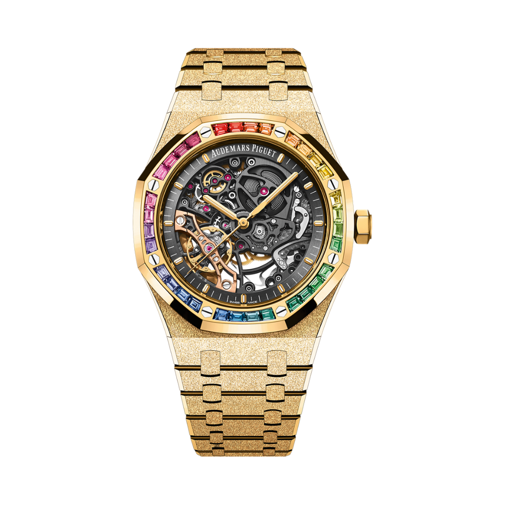 Audemars Piguet Royal Oak Frosted Gold Double Balance Wheel Openworked 41 mm Slate Grey Dial with Diamonds 18-Carat Yellow Gold Bracelet 15412BA.YG.1224BA.01-B - WATCHXNYC