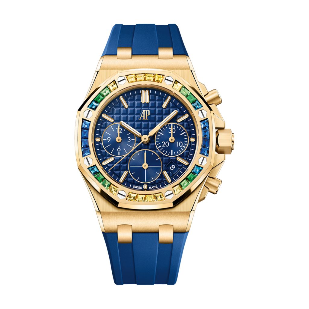 Audemars Piguet Royal Oak Offshore Selfwinding Chronograph 37 mm Blue Dial with Diamonds 18-Carat Yellow Gold Rubber Strap 26236BA.YY.D346CA.01 - WATCHXNYC