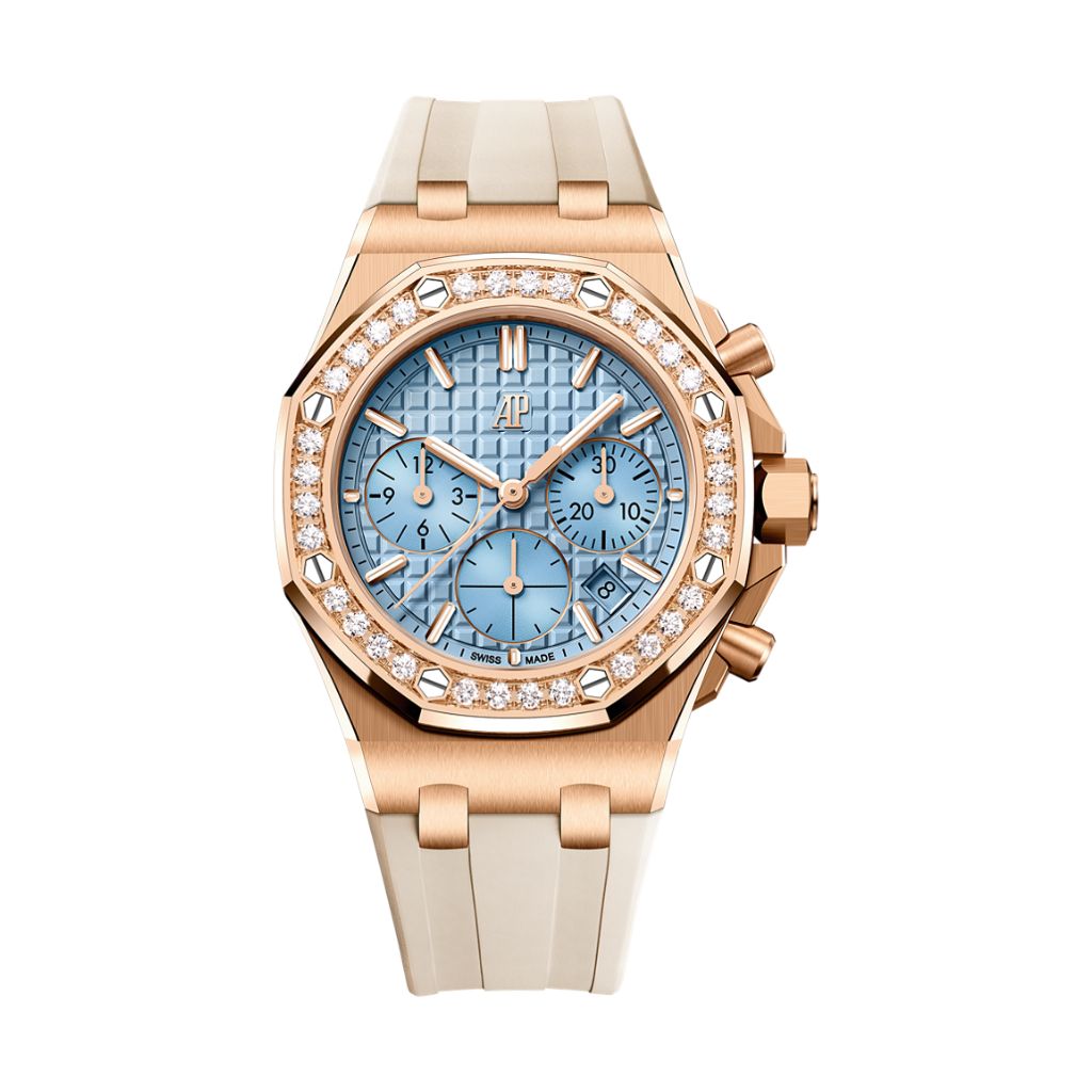 Audemars Piguet Royal Oak Offshore Selfwinding Chronograph 37 mm Light Blue Dial with Diamonds 18-Carat Pink Gold Rubber Strap 26231OR.ZZ.A085CA.01 - WATCHXNYC