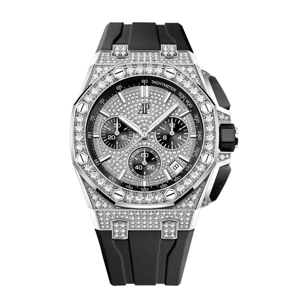 Audemars Piguet Royal Oak Offshore Selfwinding Chronograph 43 mm Diamond Paved Dial 18-Carat White Gold Rubber Strap 26423BC.ZZ.D002CA.01 - WATCHXNYC