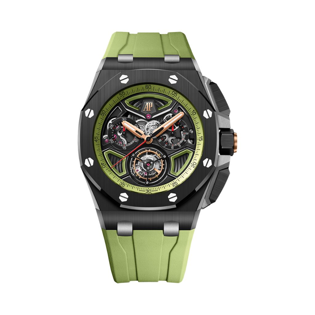 Audemars Piguet Royal Oak Offshore Selfwinding Flying Tourbillon Chronograph 43 mm Black And Green Dial Ceramic Rubber Strap 26622CE.OO.D062CA.01 - WATCHXNYC