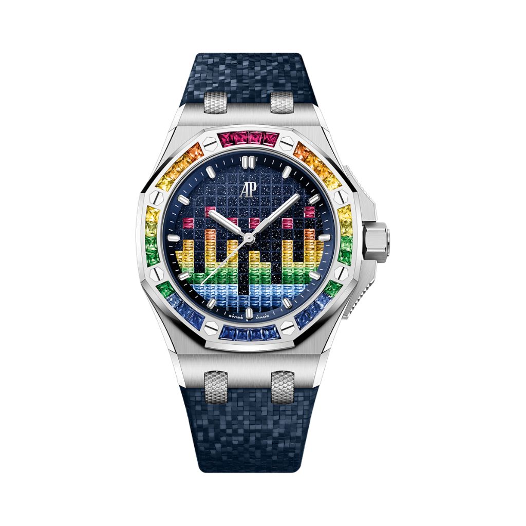 Audemars Piguet Royal Oak Offshore Selfwinding - Music Edition 37 mm Blue Dial with Diamonds 18-Carat White Gold Rubber Strap 77601BC.YY.D343CA.01 - WATCHXNYC