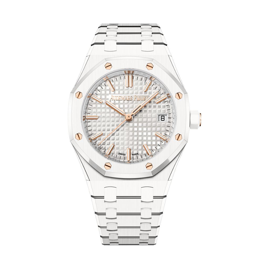 Audemars Piguet Royal Oak Selfwinding 34 mm Silver Dial White Ceramic Bracelet 77350CB.OO.1266CB.01 - WATCHXNYC