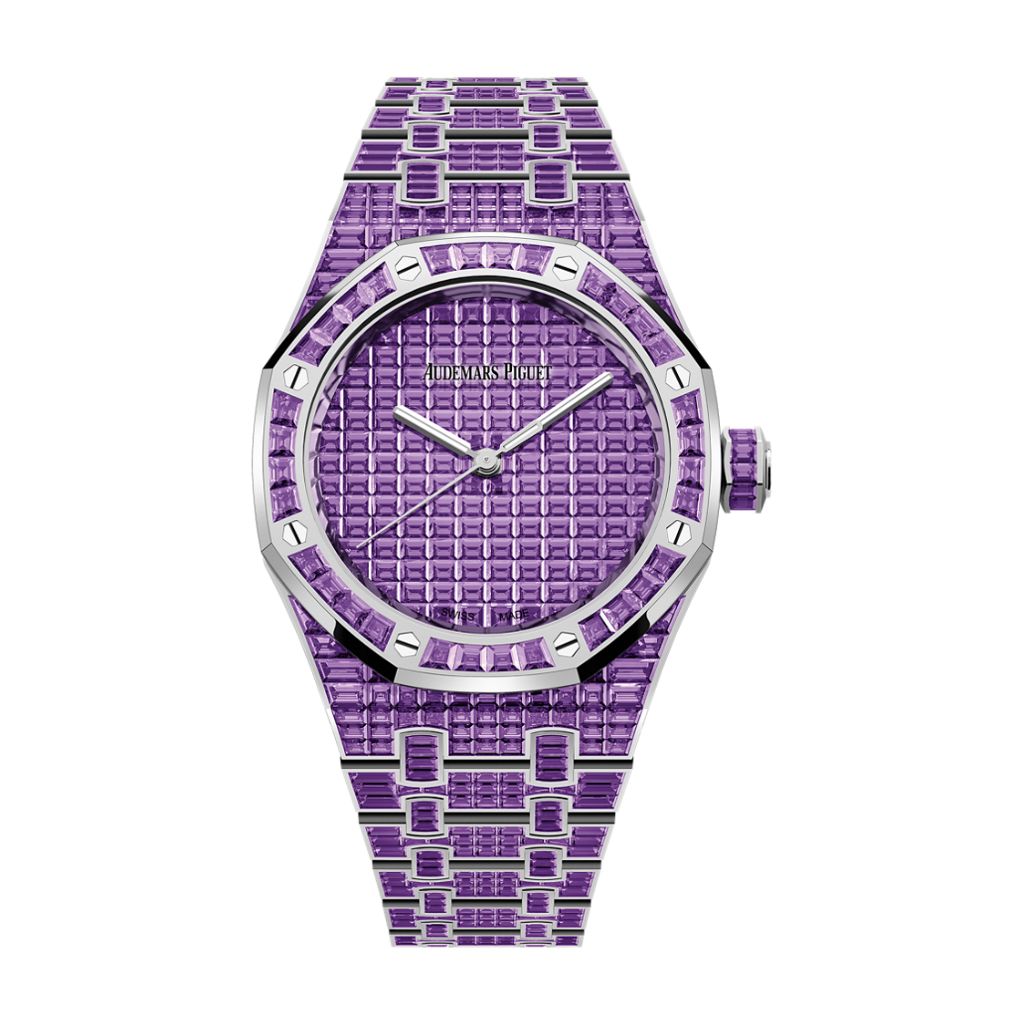 Audemars Piguet Royal Oak Selfwinding Amethyst "50th Anniversary" 37 mm Diamond Paved Dial 18-Carat White Gold Bracelet 15554BC.AY.1274BC.01 - WATCHXNYC