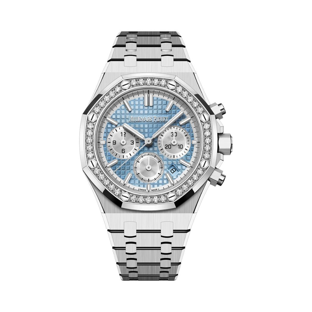 Audemars Piguet Royal Oak Selfwinding Chronograph 38 mm Light Blue Dial with Diamonds Stainless Steel Bracelet 26715ST.ZZ.1356ST.01 - WATCHXNYC