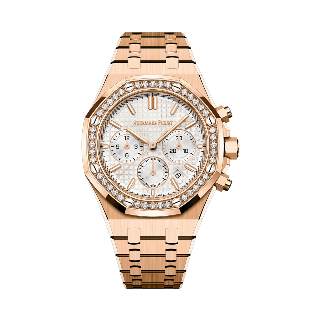 Audemars Piguet Royal Oak Selfwinding Chronograph 38 mm Silver Dial with Diamonds 18-Carat Pink Gold Bracelet 26715OR.ZZ.1356OR.01 - WATCHXNYC