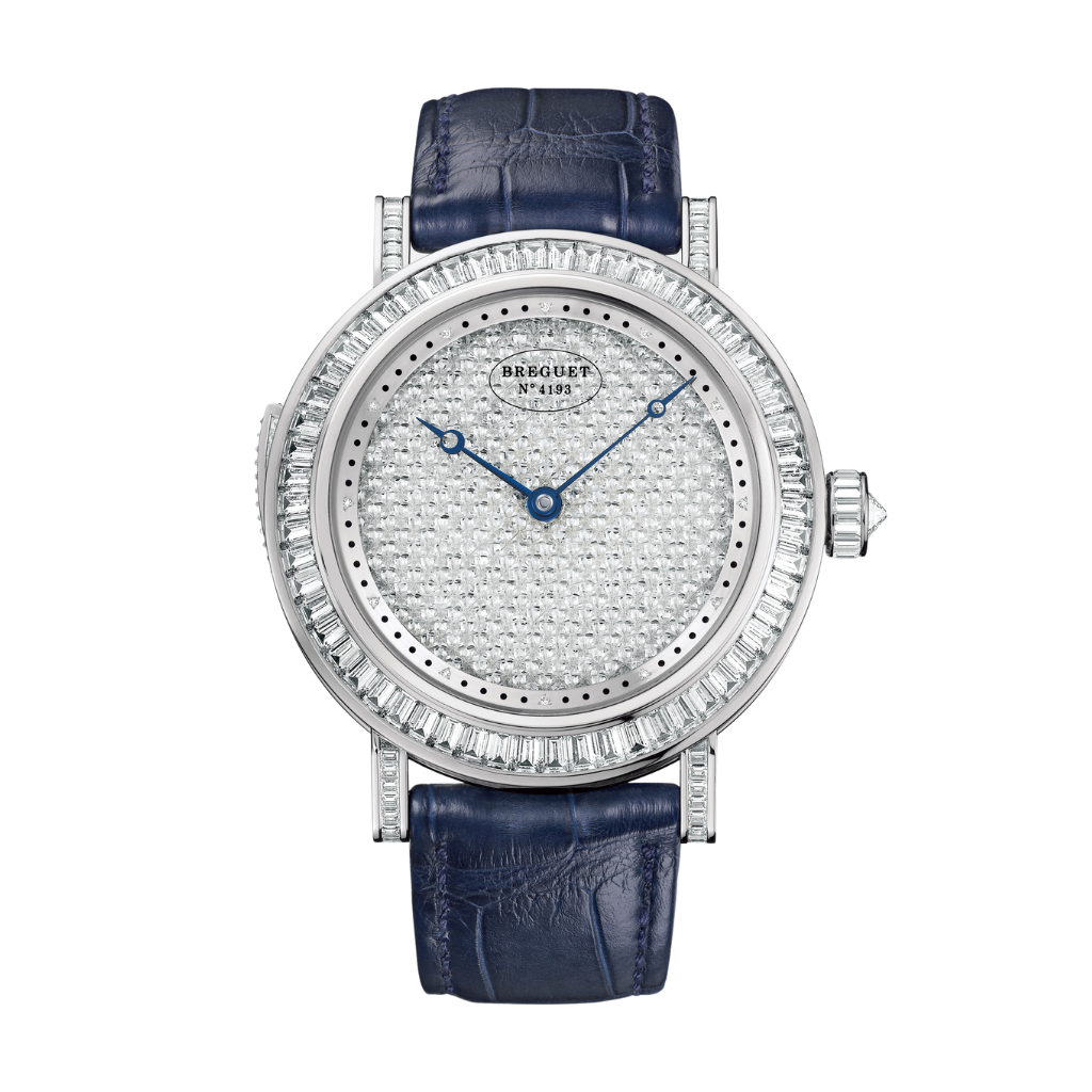 Breguet Classique 44.50 mm Diamond Paved Dial White Gold Dark Blue Leather Strap 7639BB/6D/9XV/DD0D - WATCHXNYC
