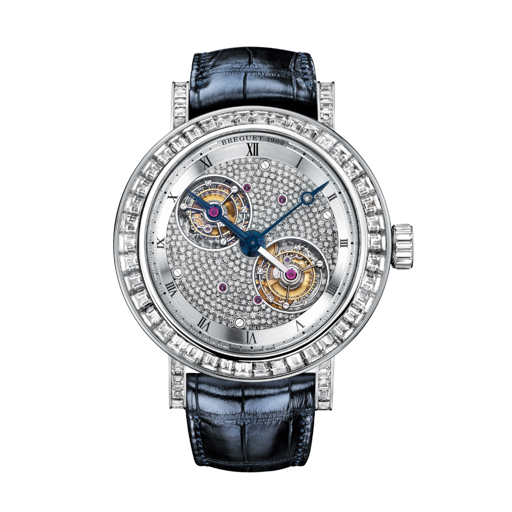 Breguet Classique 50 mm Diamond Paved Dial Platinum Dark Blue Leather Strap 5349PT/11/9YV/DD0D - WATCHXNYC