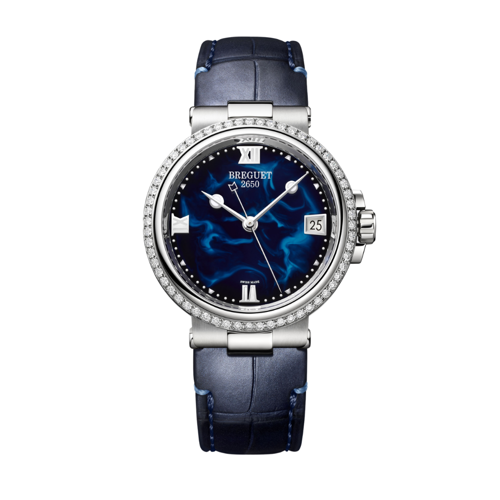 Breguet Marine 33.8 mm Blue Dial with Diamonds Stainless Steel Black Leather Strap 9518ST/E2/984/D000 - WATCHXNYC