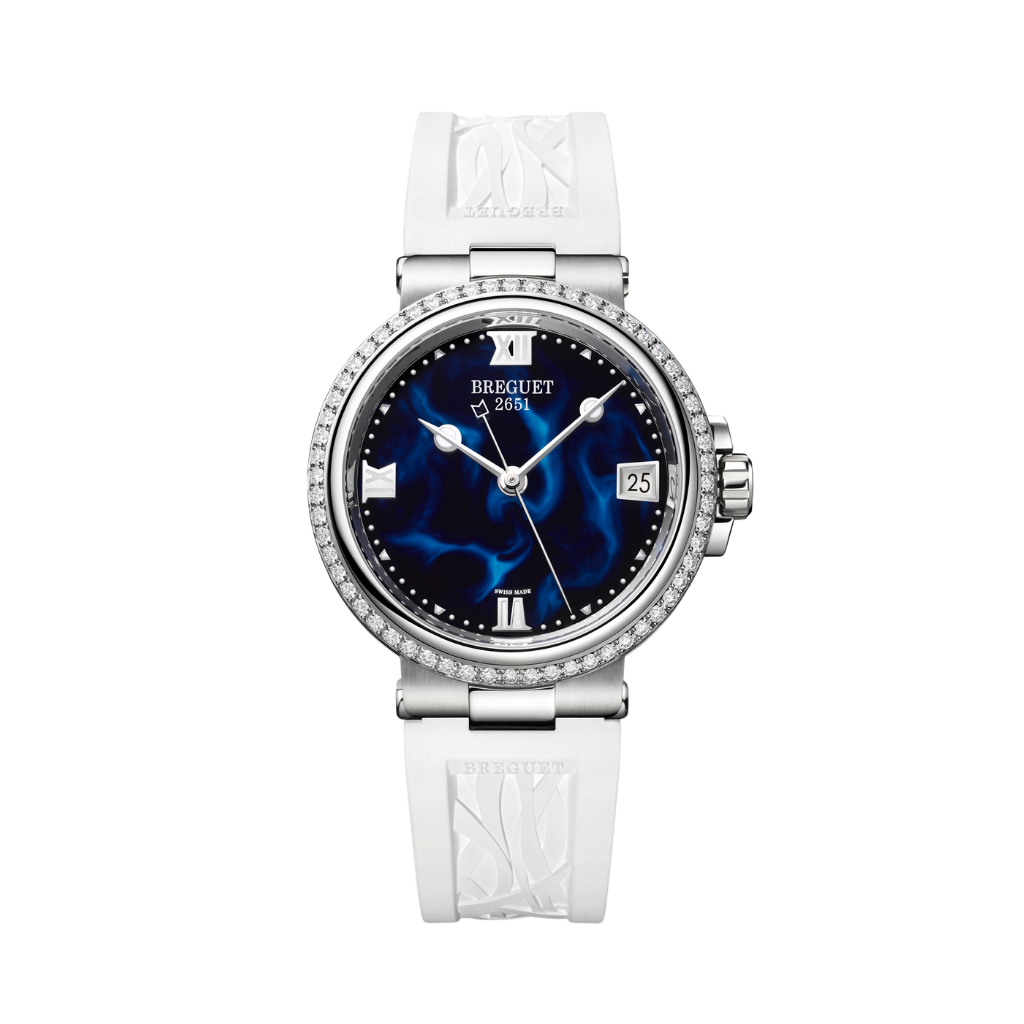 Breguet Marine 33.8 mm Blue Dial with Diamonds Stainless Steel White Rubber Strap 9518ST/E2/584/D000 - WATCHXNYC