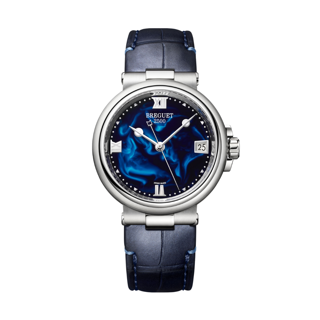 Breguet Marine 33.8 mm Blue Handcrafted Lacquered Dial Stainless Steel Black Leather Strap 9517ST/E2/984 - WATCHXNYC