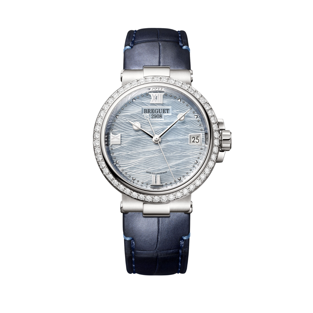 Breguet Marine 33.8 mm Silver Dial with Diamonds White Gold Black Leather Strap 9518BB/V2/984/D000 - WATCHXNYC