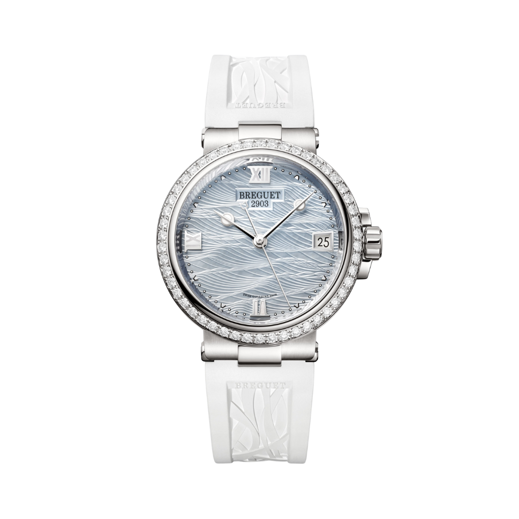 Breguet Marine 33.8 mm Silver Dial with Diamonds White Gold White Rubber Strap 9518BB/V2/584/D000 - WATCHXNYC