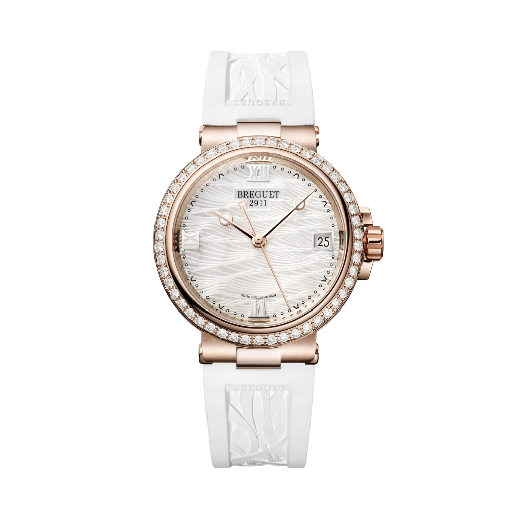Breguet Marine 33.8 mm White Dial with Diamonds 18k Rose Gold White Rubber Strap 9518BR/52/584/D000 - WATCHXNYC
