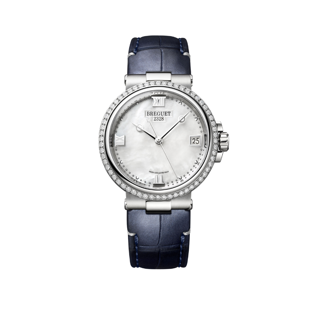 Breguet Marine 33.8 mm White Dial with Diamonds Stainless Steel Black Leather Strap 9518ST/5W/984/D000 - WATCHXNYC