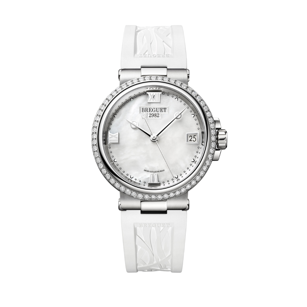 Breguet Marine 33.8 mm White Dial with Diamonds Stainless Steel White Leather Strap 9518ST/5W/584/D000 - WATCHXNYC