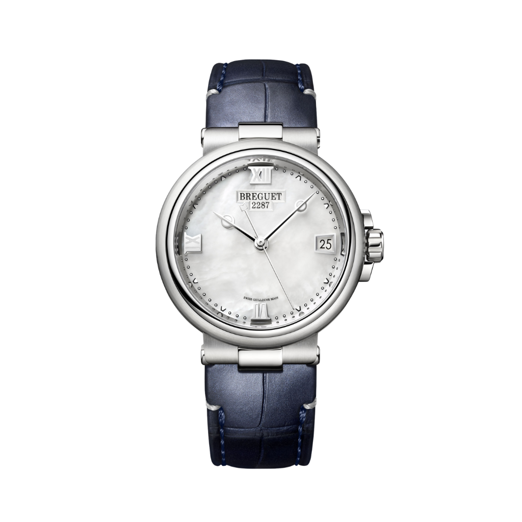 Breguet Marine 33.8 mm White Mother-Of-Pearl Dial Stainless Steel Black Leather Strap 9517ST/5W/984 - WATCHXNYC
