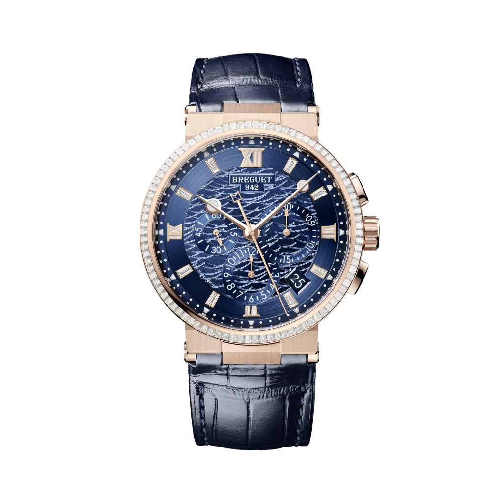 Breguet Marine 42.3 mm Blue Dial with Diamonds 18k Rose Gold Black Leather Strap 5529BR/YD/9WV/D0 - WATCHXNYC