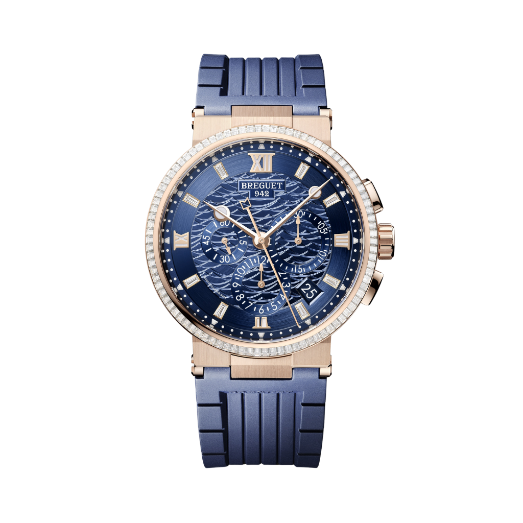 Breguet Marine 42.3 mm Blue Dial with Diamonds 18k Rose Gold Blue Rubber Strap 5529BR/YD/5WV/D0 - WATCHXNYC