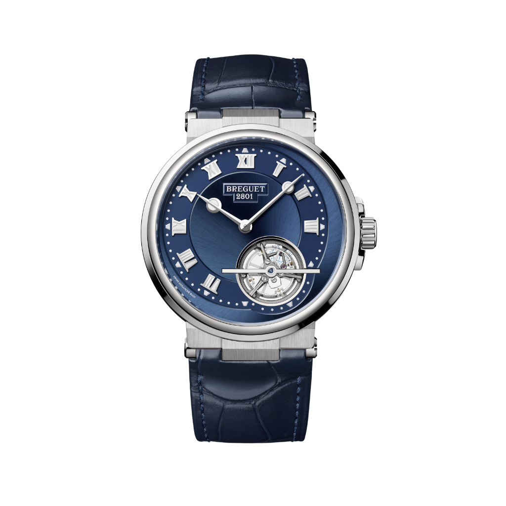 Breguet Marine 42.5 mm Blue Dial Platinum Dark Blue Leather Strap 5577PT/Y2/9WV - WATCHXNYC