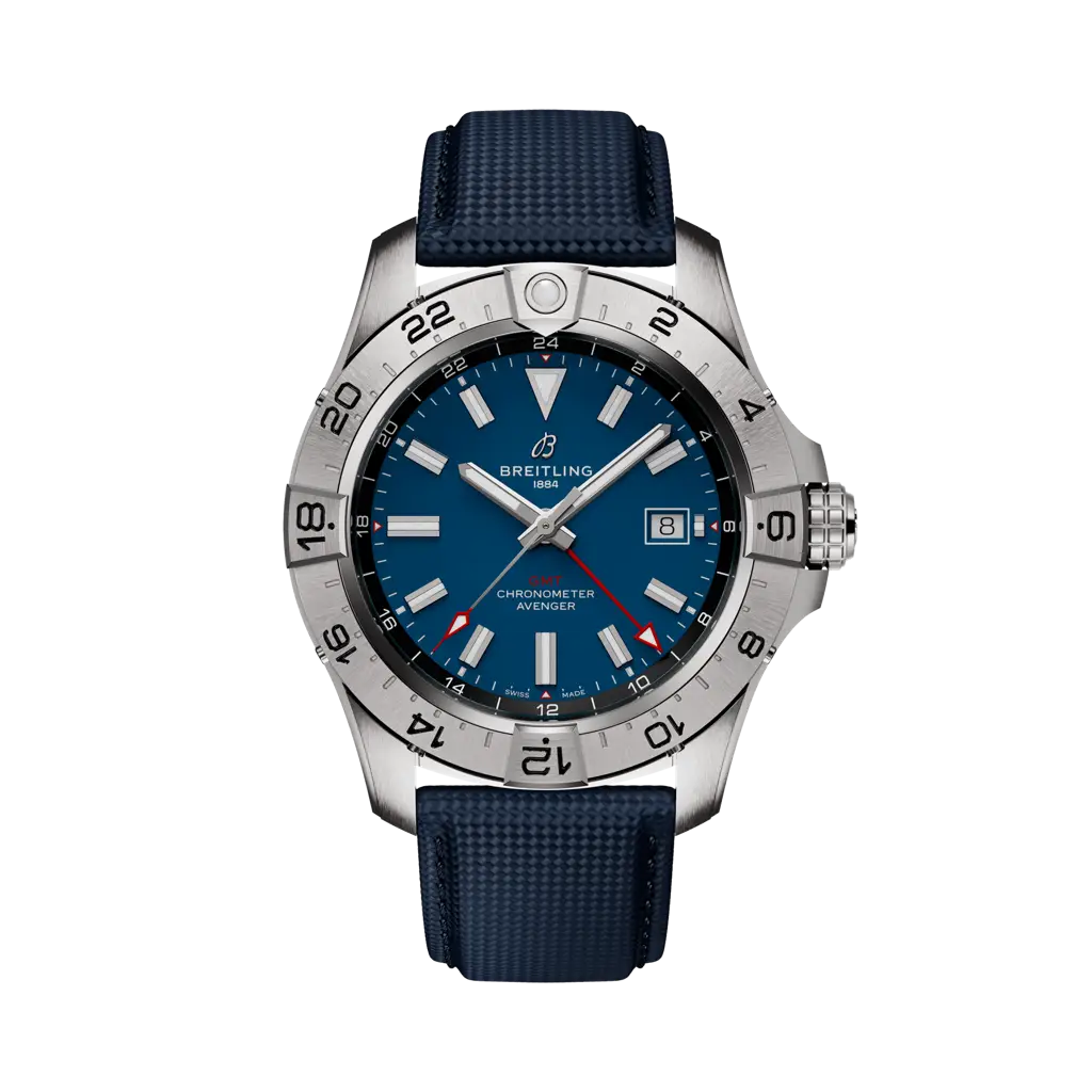 Breitling Avenger Automatic GMT 44 mm Bright Blue Dial Stainless Steel   Leather Strap A32320101C1X1 - WATCHXNYC