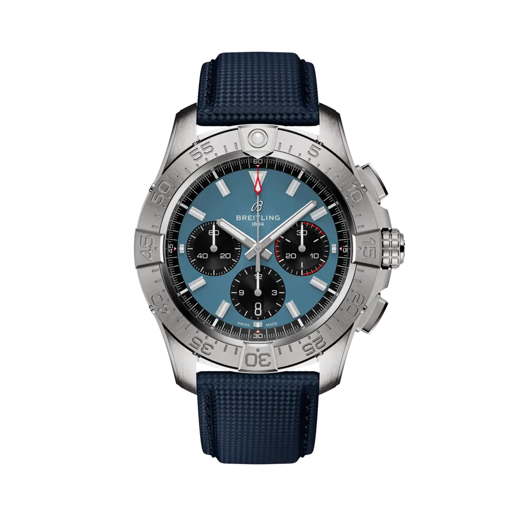 Breitling Avenger B01 Chronograph 44 mm Black And Blue Dial Stainless Steel   Leather Strap AB0147101C1X1 - WATCHXNYC