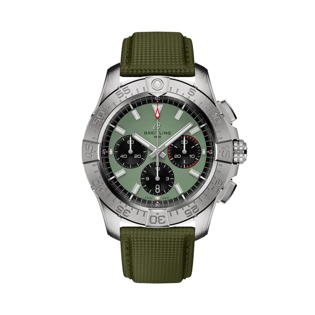Breitling Avenger B01 Chronograph 44 mm Black And Light Green Dial Stainless Steel   Leather Strap AB0147101L1X1 - WATCHXNYC