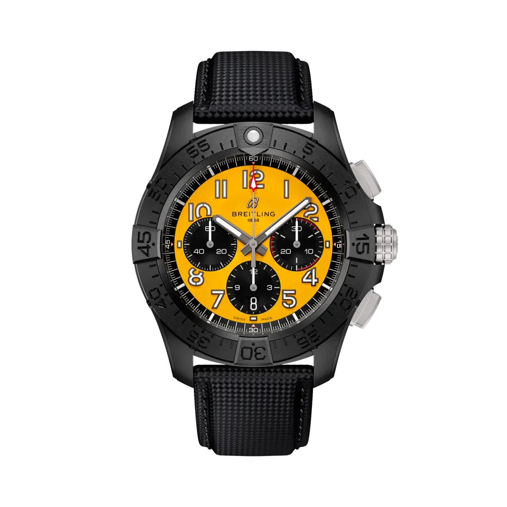 Breitling Avenger B01 Chronograph 44 Night Mission 44 mm Black And Yellow Dial Ceramic   Leather Anthracite Strap SB0147101I1X2 - WATCHXNYC