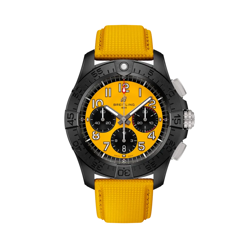 Breitling Avenger B01 Chronograph 44 Night Mission 44 mm Black And Yellow Dial Ceramic   Leather Yellow Strap SB0147101I1X1 - WATCHXNYC