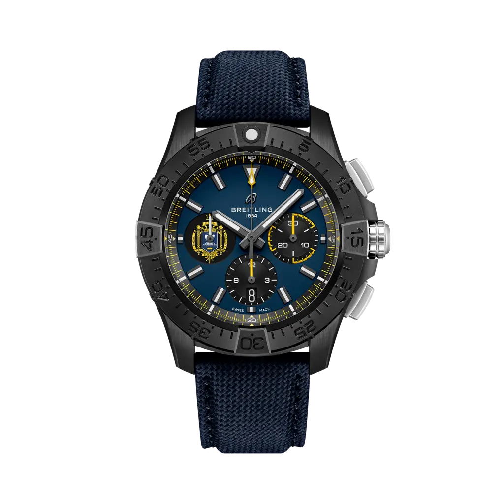 Breitling Avenger B01 Chronograph 44 Night Mission US Naval Academy 44 mm Bright Blue Dial Ceramic   Leather Strap SB01474A1C1X1 - WATCHXNYC