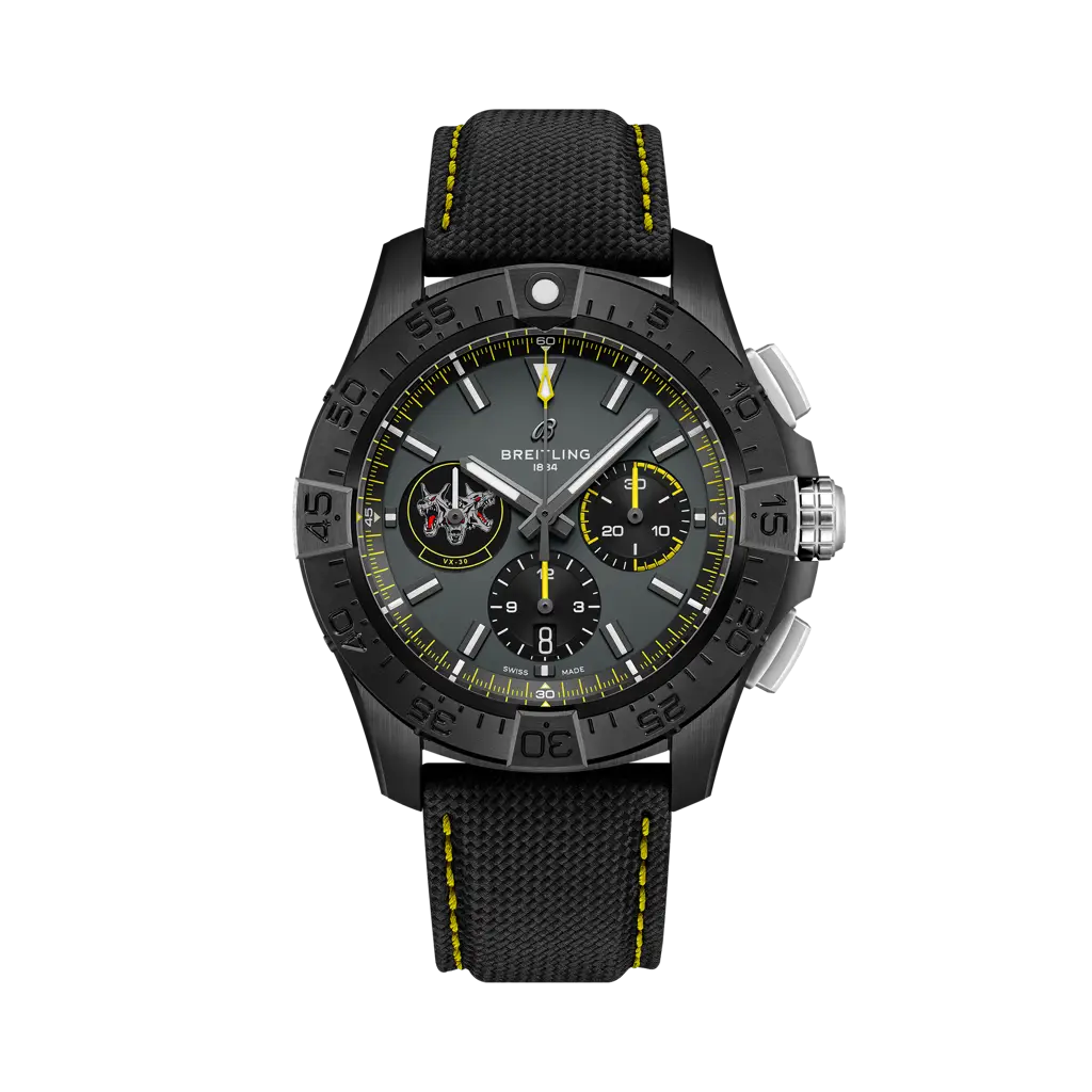 Breitling Avenger B01 Chronograph 44 Night Mission USN Bloodhounds 44 mm Black Dial Ceramic   Leather Strap SB01472A1B1X1 - WATCHXNYC
