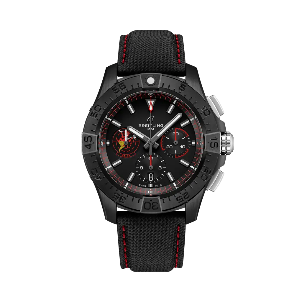 Breitling Avenger B01 Chronograph 44 Night Mission USN Dust Devils 44 mm Black Dial Ceramic   Leather Strap SB01473A1B1X1 - WATCHXNYC