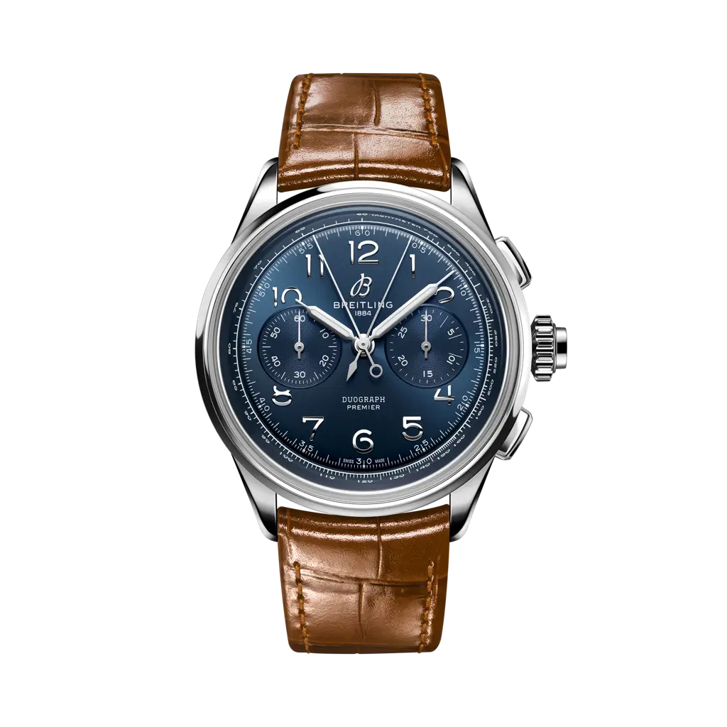 Breitling B15 Duograph 42 mm Blue Dial Stainless Steel Leather Gold Brown Strap AB1510171C1P1 - WATCHXNYC