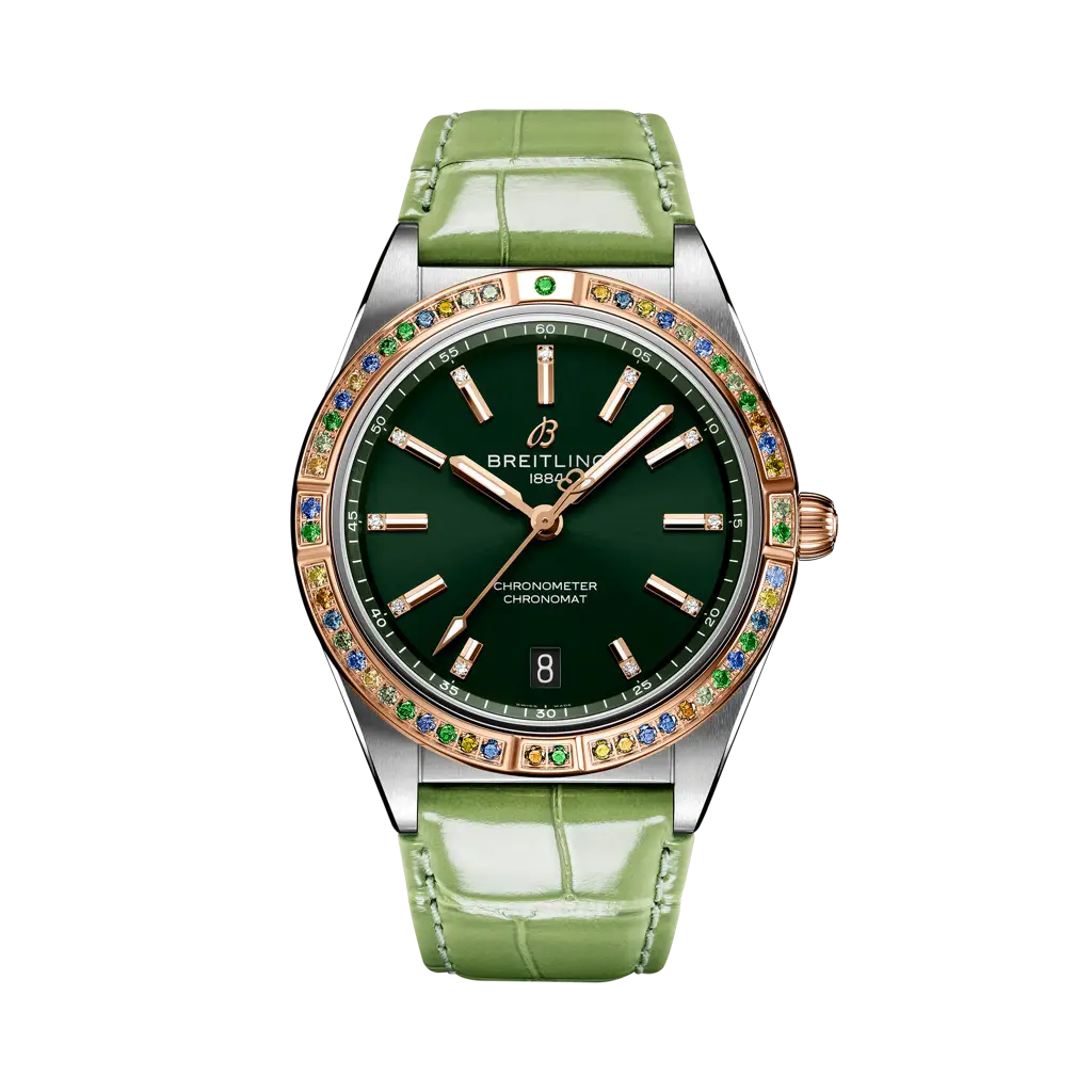 Breitling Chronomat Automatic 36 South Sea 36 mm Green Dial with Diamonds Stainless Steel & 18K Red Gold   Leather Strap U10380611L1P1 - WATCHXNYC