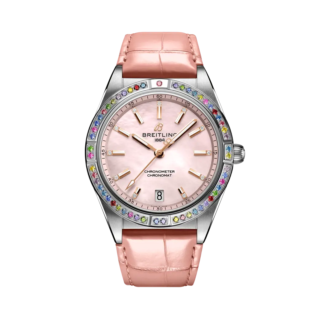 Breitling Chronomat Automatic 36 South Sea 36 mm Pink Dial with Diamonds Stainless Steel & 18K White Gold   Leather Strap G10380BB1K1P1 - WATCHXNYC