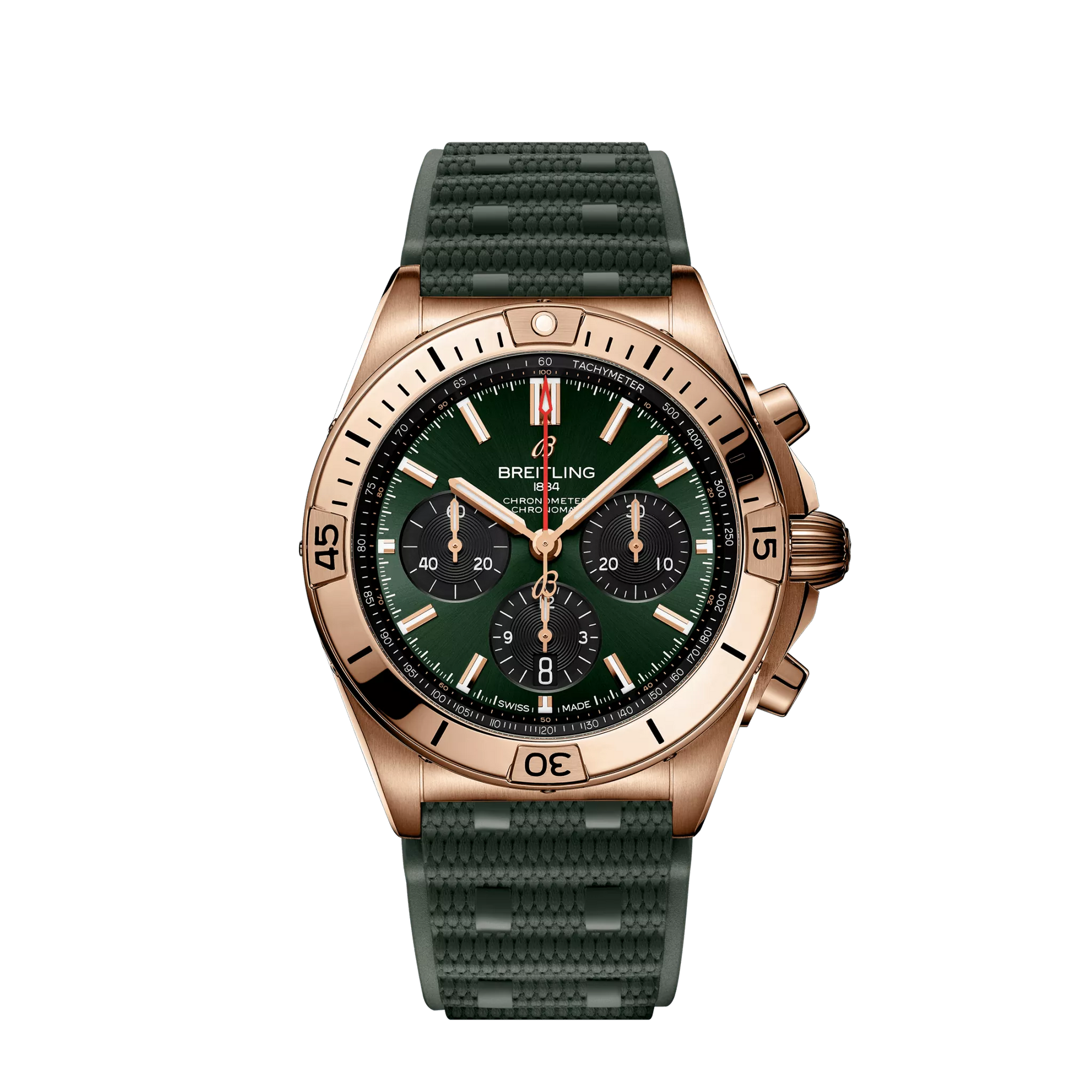 Breitling Chronomat B01 42 mm Green & Black Dial 18K Red Gold Green Rubber Strap RB0134101L1S1 - WATCHXNYC