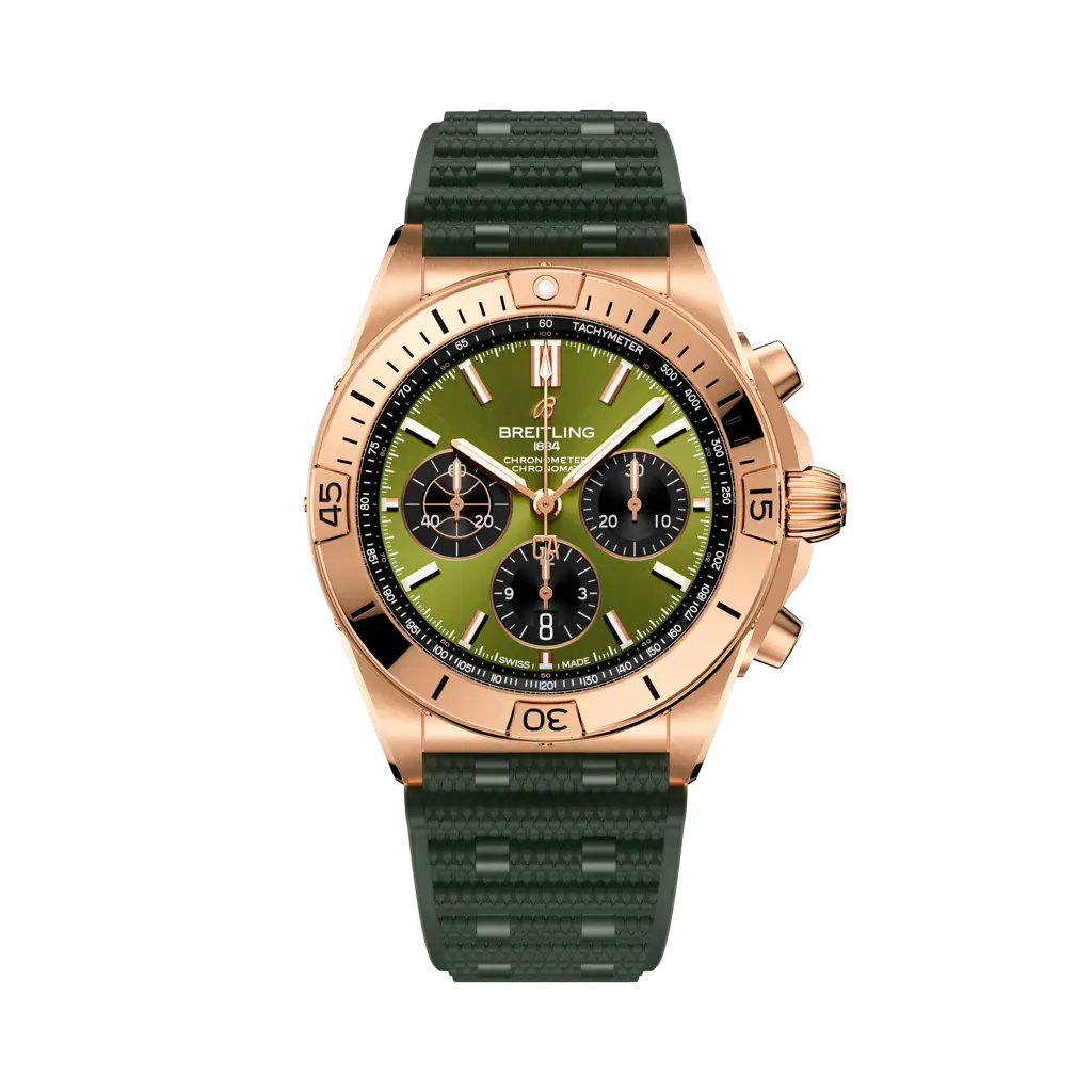 Breitling Chronomat B01 42 mm Olive & Black Dial 18K Red Gold Green Rubber Strap RB01344A1L1S1 - WATCHXNYC