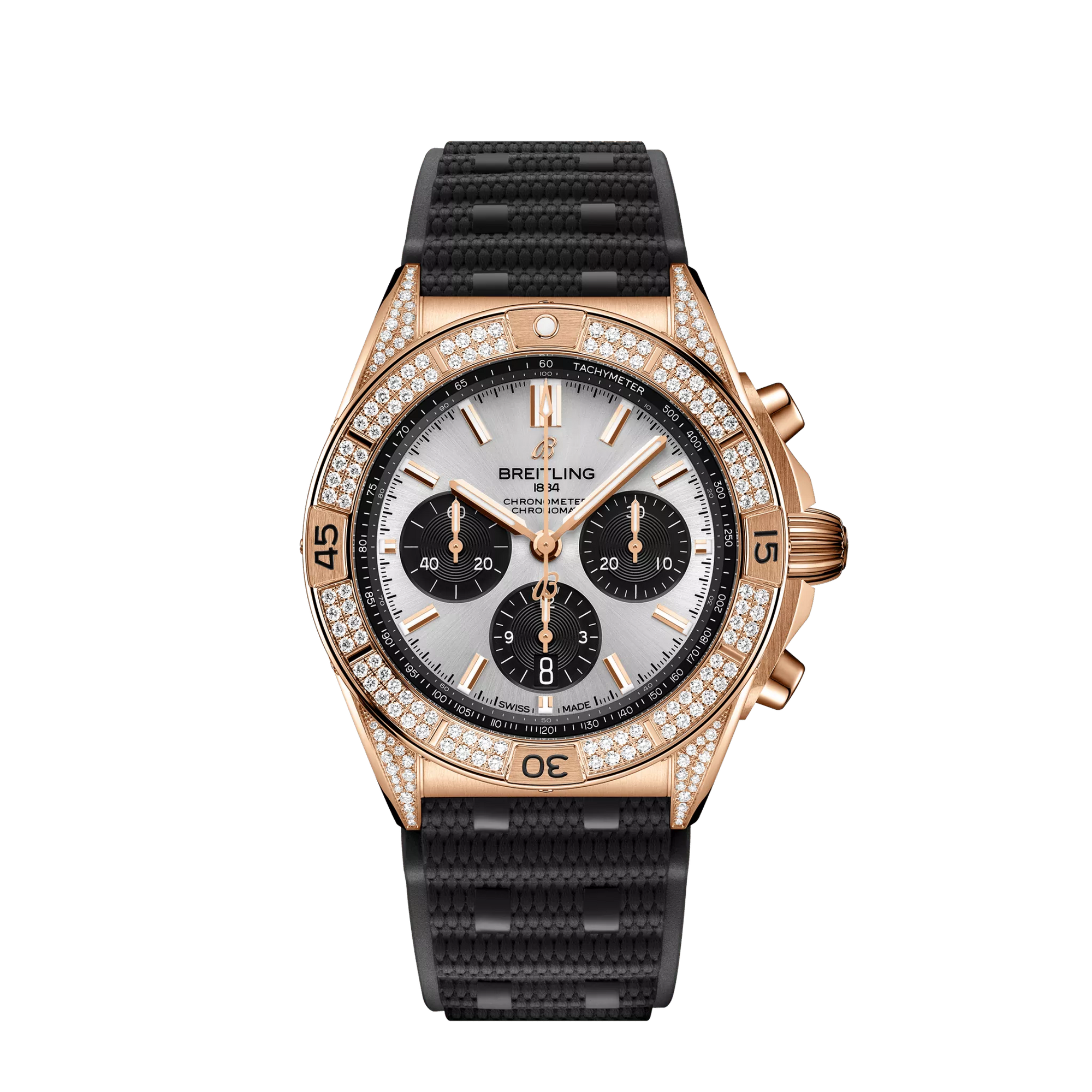 Breitling Chronomat B01 42 mm Silver and Black Dial 18K Red Gold (Gem-Set) Black Rubber Strap RB0134721G1S2 - WATCHXNYC
