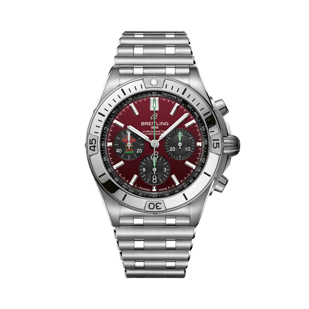 Breitling Chronomat B01 42 Six Nations Wales 42 mm Maroon and Black Dial Stainless Steel Bracelet AB0134A61K1A1 - WATCHXNYC