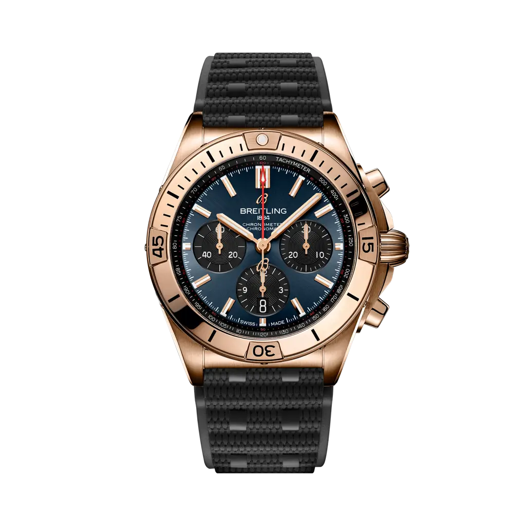 Breitling Chronomat B01 42 Super Bowl LVIII 42 mm Blue and Black Dial 18K Red Gold Black Rubber Strap RB01343A1C1S1 - WATCHXNYC