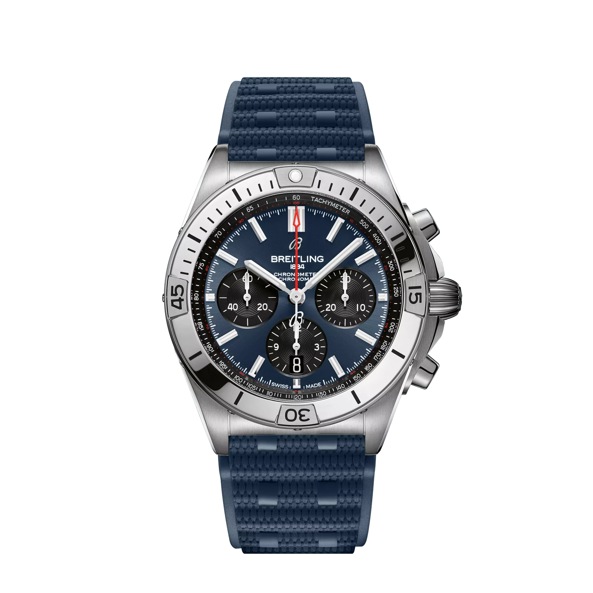 Breitling Chronomat B01 42mm Blue and Black Dial Stainless Steel Blue Rubber Strap AB0134101C1S1 - WATCHXNYC