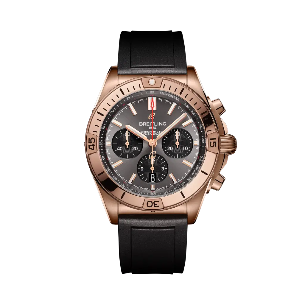Breitling Chronomat B01 42mm Grey Dial 18K Red Gold Black Rubber Strap RB0134101B1S1 - WATCHXNYC