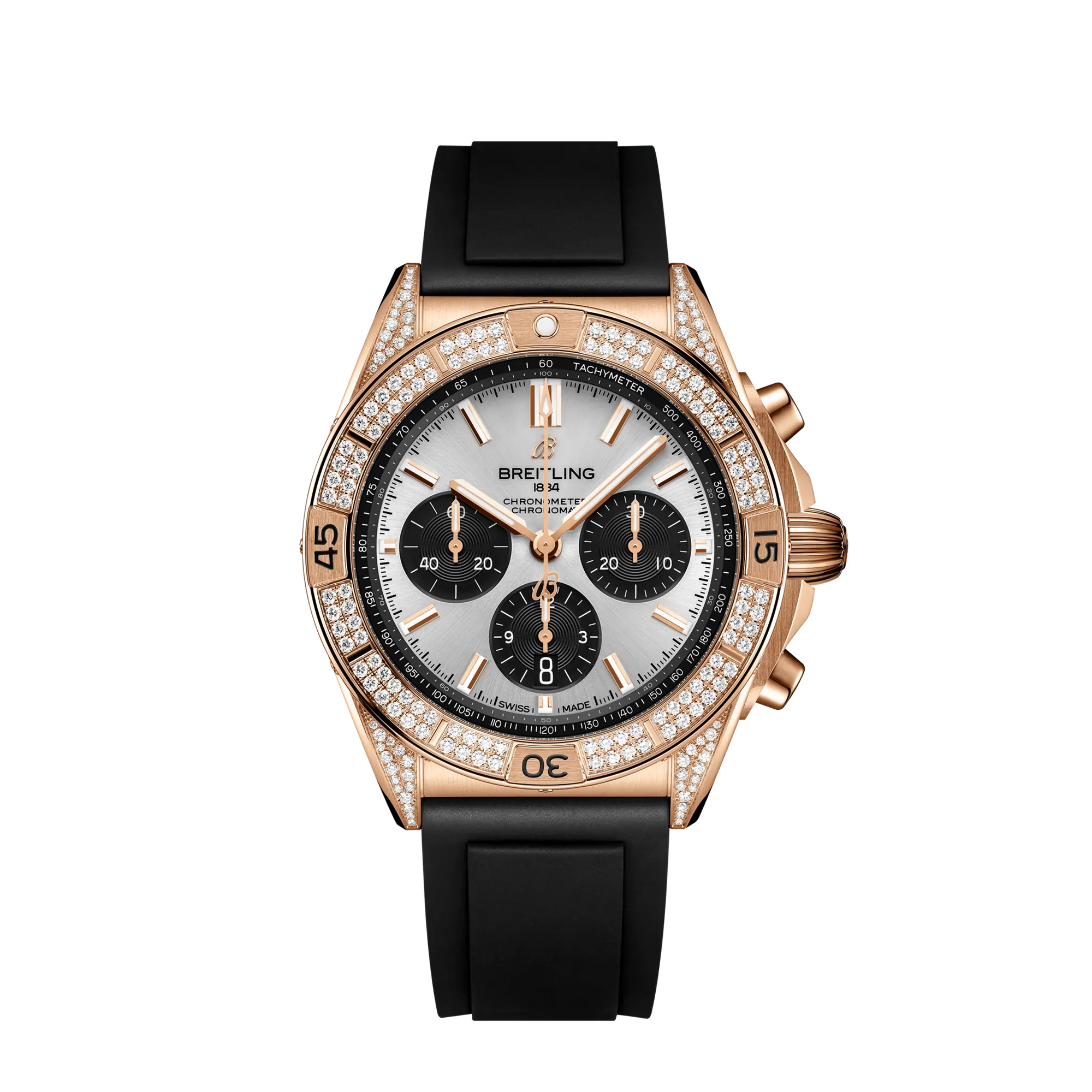 Breitling Chronomat B01 42mm Silver and Black Dial 18K Red Gold (Gem-Set) Black Rubber Strap RB0134721G1S1 - WATCHXNYC