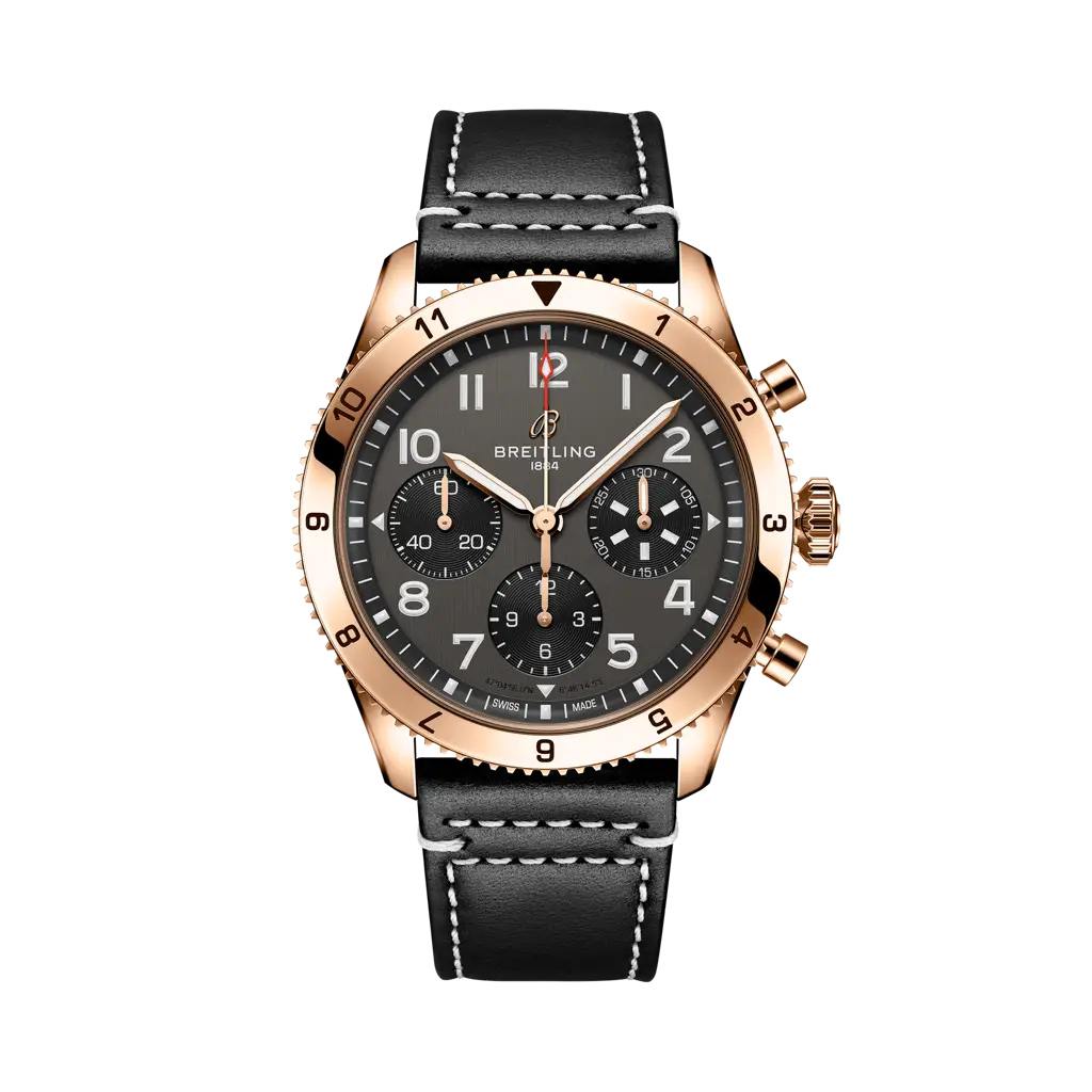 Breitling Classic AVI Chronograph 42 P-51 Mustang 42 mm Bright Black Dial 18K Red Gold   Leather Strap R233801A1B1X1 - WATCHXNYC