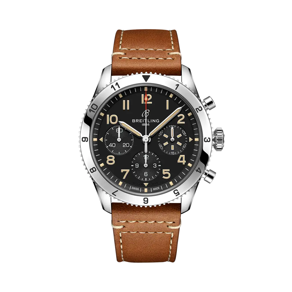 Breitling Classic AVI Chronograph 42 P-51 Mustang 42 mm Bright Black Dial Stainless Steel   Leather Strap A233803A1B1X1 - WATCHXNYC