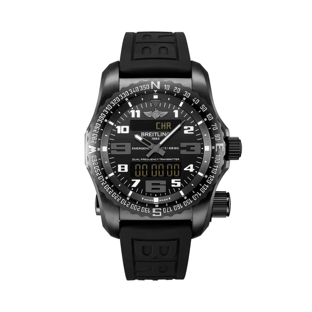 Breitling Emergency 51 mm Black Dial Dlc-Coated Titanium Black Rubber Strap V76325221B1S1 - WATCHXNYC