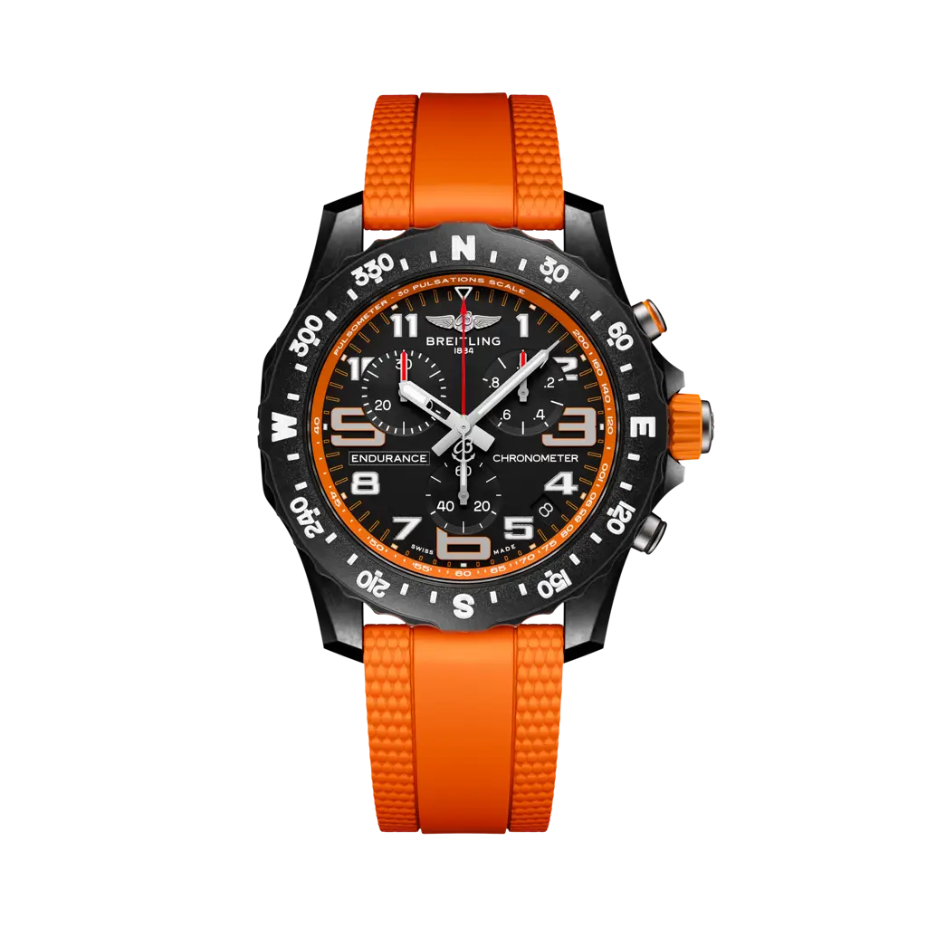 Breitling Endurance Pro 44 mm Black Dial Breitlight Orange Rubber Strap X82310A51B1S2 - WATCHXNYC