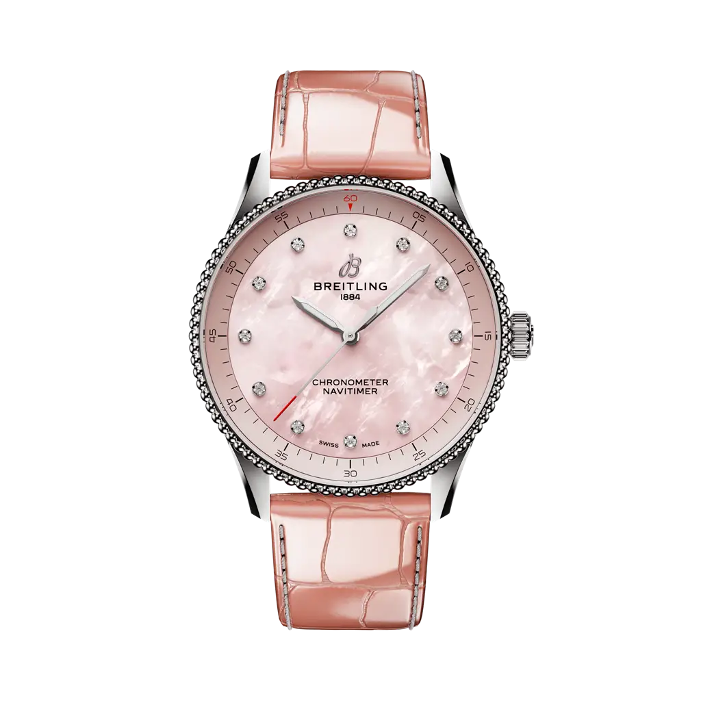 Breitling Navitimer 32 mm Rose Pink Dial Stainless Steel   Leather Strap A77320D91K1P1 - WATCHXNYC